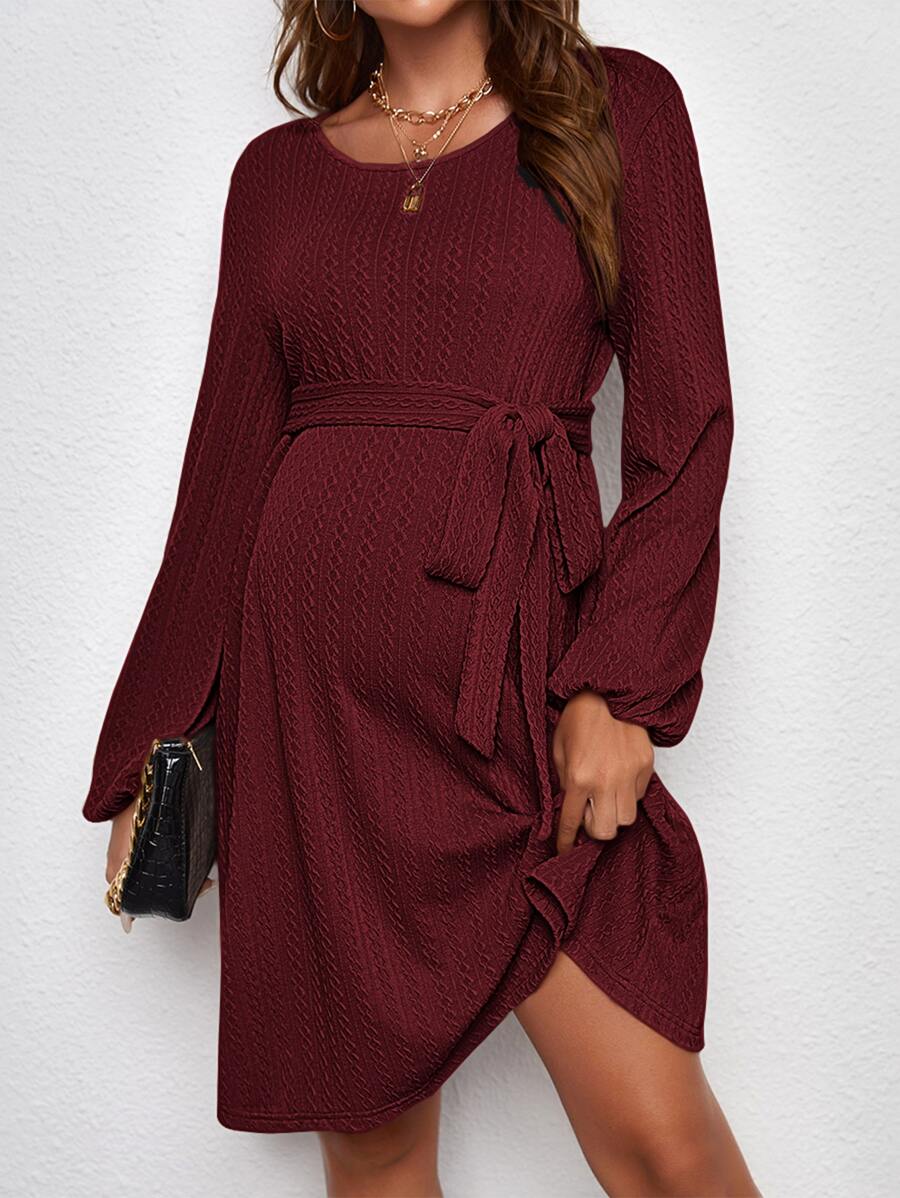 SHEIN 孕婦燈籠袖繫腰帶連衣裙 - 紫紅色 - 查看 1