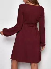 SHEIN 孕婦燈籠袖繫腰帶連衣裙 - 紫紅色 - 查看 2