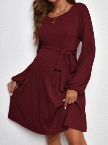 SHEIN 孕婦燈籠袖繫腰帶連衣裙 - 紫紅色 - 查看 3