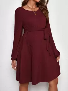 SHEIN 孕婦燈籠袖繫腰帶連衣裙 - 紫紅色 - 查看 4