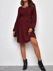 SHEIN 孕婦燈籠袖繫腰帶連衣裙 - 紫紅色 - 查看 5