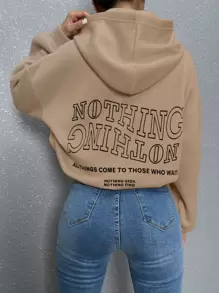 SHEIN Unity Slogan Graphic Drop Shoulder Hoodie - Khaki - View 1