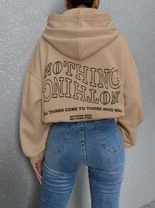 SHEIN Unity Slogan Graphic Drop Shoulder Hoodie - Khaki - View 6