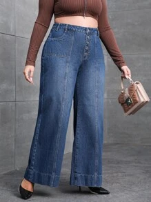 Jeans de talle alto con botón de pierna ancha - Azul lavado oscuro - Ver 4