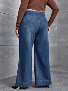 Jeans de talle alto con botón de pierna ancha - Azul lavado oscuro - Ver 2