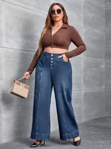 Jeans de talle alto con botón de pierna ancha - Azul lavado oscuro - Ver 1