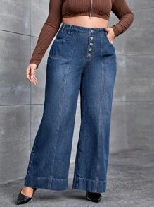 Jeans de talle alto con botón de pierna ancha - Azul lavado oscuro - Ver 6