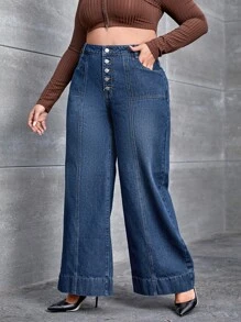 Jeans de talle alto con botón de pierna ancha - Azul lavado oscuro - Ver 5