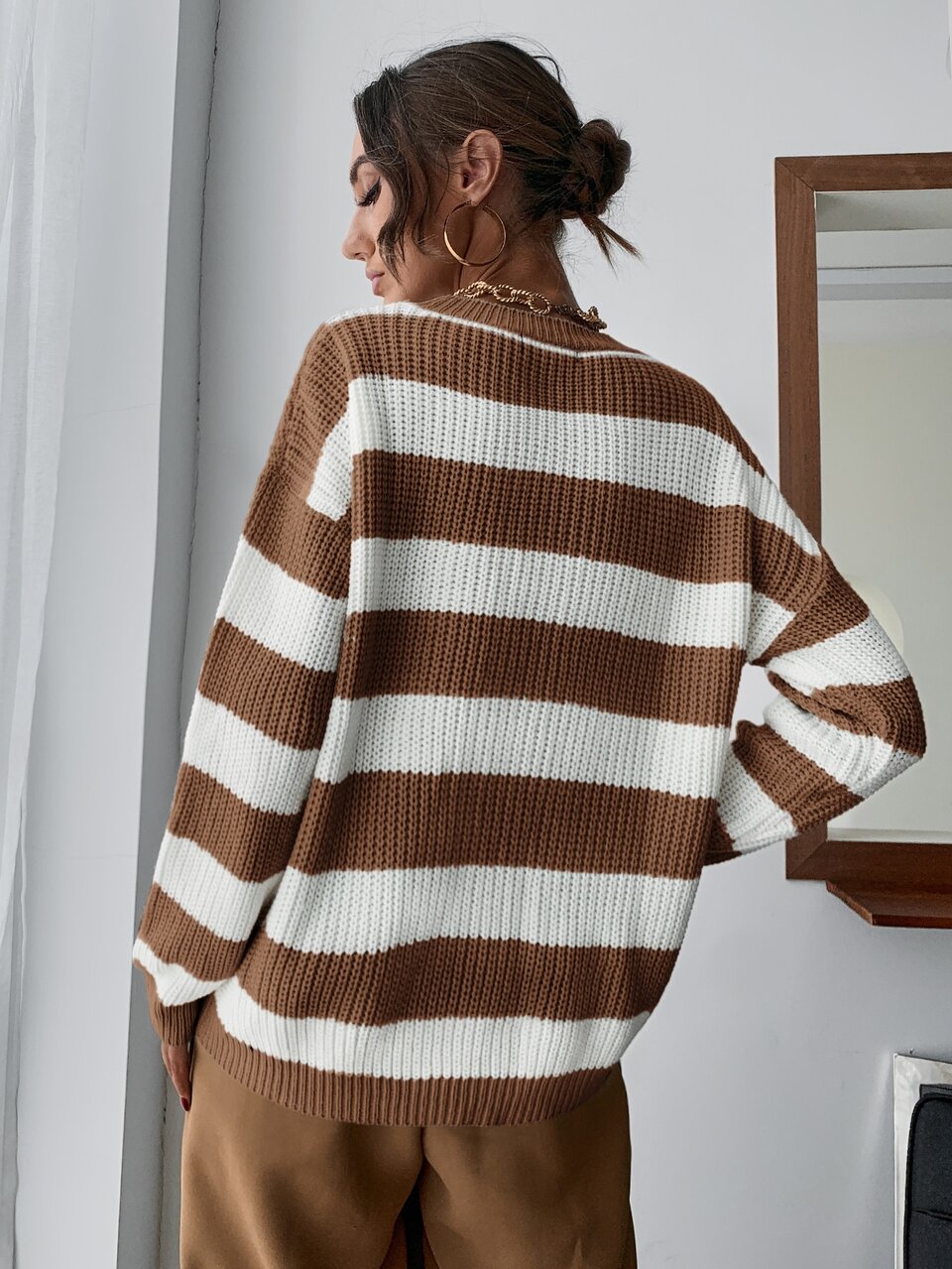 Drop Shoulder Striped Sweater Knit Pullover Fall Winter