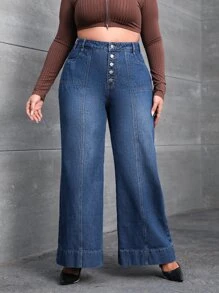 Jeans de talle alto con botón de pierna ancha - Azul lavado oscuro - Ver 3