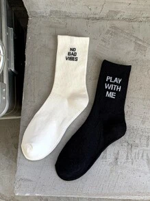 2雙男士標語圖案中筒襪 - 黑與白 - 查看 1