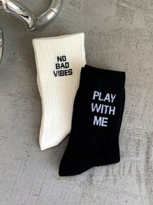 2雙男士標語圖案中筒襪 - 黑與白 - 查看 2