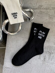 2雙男士標語圖案中筒襪 - 黑與白 - 查看 3