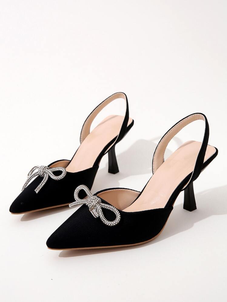 秋冬季加大码女式高跟鞋，蝴蝶结装饰，闭趾细高跟，优雅，穆勒鞋，派对鞋 - 黑色 - 查看 4