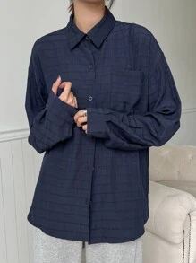 DAZY Áo sơ mi ca rô hở vai có túi vá - Màu xanh hải quân - Xem 5