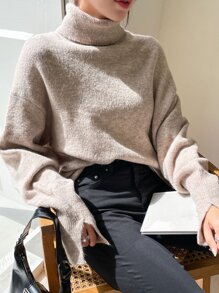 DAZY Turtleneck Drop Shoulder Jumper - Khaki - View 1