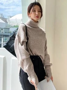 DAZY Turtleneck Drop Shoulder Jumper - Khaki - View 4