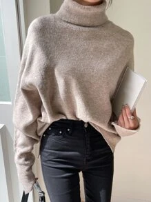 DAZY Turtleneck Drop Shoulder Jumper - Khaki - View 5