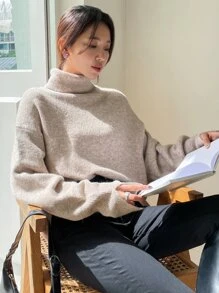 DAZY Turtleneck Drop Shoulder Jumper - Khaki - View 6