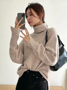 DAZY Turtleneck Drop Shoulder Jumper - Khaki - View 7