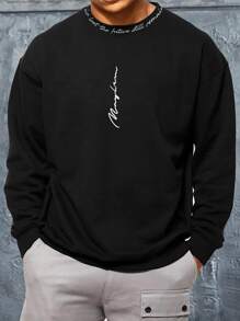 Manfinity Homme Men Letter Graphic Contrast Tape Drop Shoulder Sweatshirt - Black - View 1