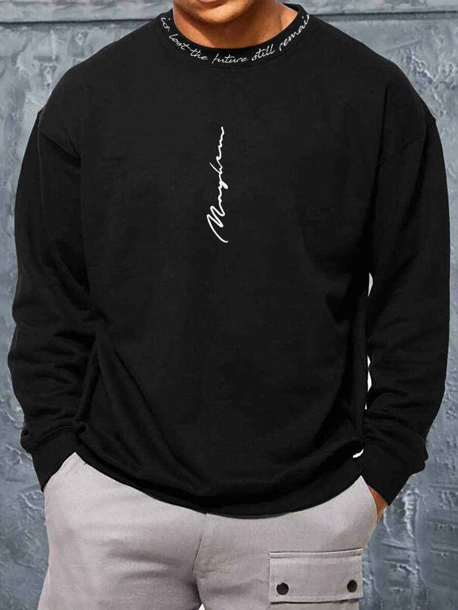 Manfinity Homme Men Letter Graphic Contrast Tape Drop Shoulder Sweatshirt - Black - View 1