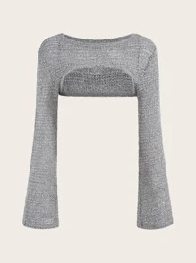 SHEIN ICON 超短版荷葉袖套頭毛衣 - 淺灰色 - 查看 1