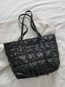 Túi đeo vai thêu họa tiết tối giản, thêu chữ thập Dung tích lớn Túi xách đan phồng, Túi xách mùa đông có đệm mềm, Túi mua sắm gối - màu đen - Xem 6