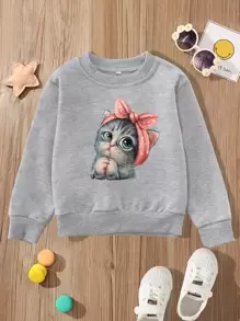 Toddler Girls Cat Print Sweatshirt - Grey - View 1