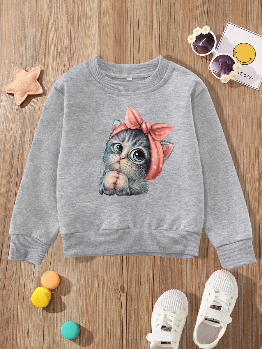 Toddler Girls Cat Print Sweatshirt - Grey - View 1
