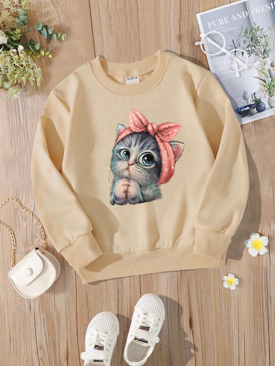 Toddler Girls Cat Print Sweatshirt - Khaki - View 1