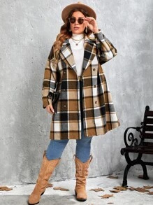 SHEIN LUNE Abrigo de cuadros de cuello con solapa de doble botonadura - Multicolor - Ver 3