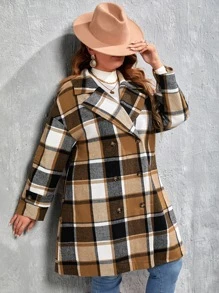 SHEIN LUNE Abrigo de cuadros de cuello con solapa de doble botonadura - Multicolor - Ver 4