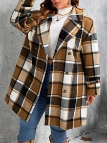 SHEIN LUNE Abrigo de cuadros de cuello con solapa de doble botonadura - Multicolor - Ver 5