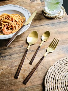 24pcs Wood Grain Cutlery Set - Multicolor - View 4