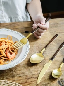 24pcs Wood Grain Cutlery Set - Multicolor - View 5