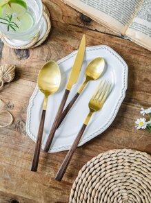 24pcs Wood Grain Cutlery Set - Multicolor - View 1