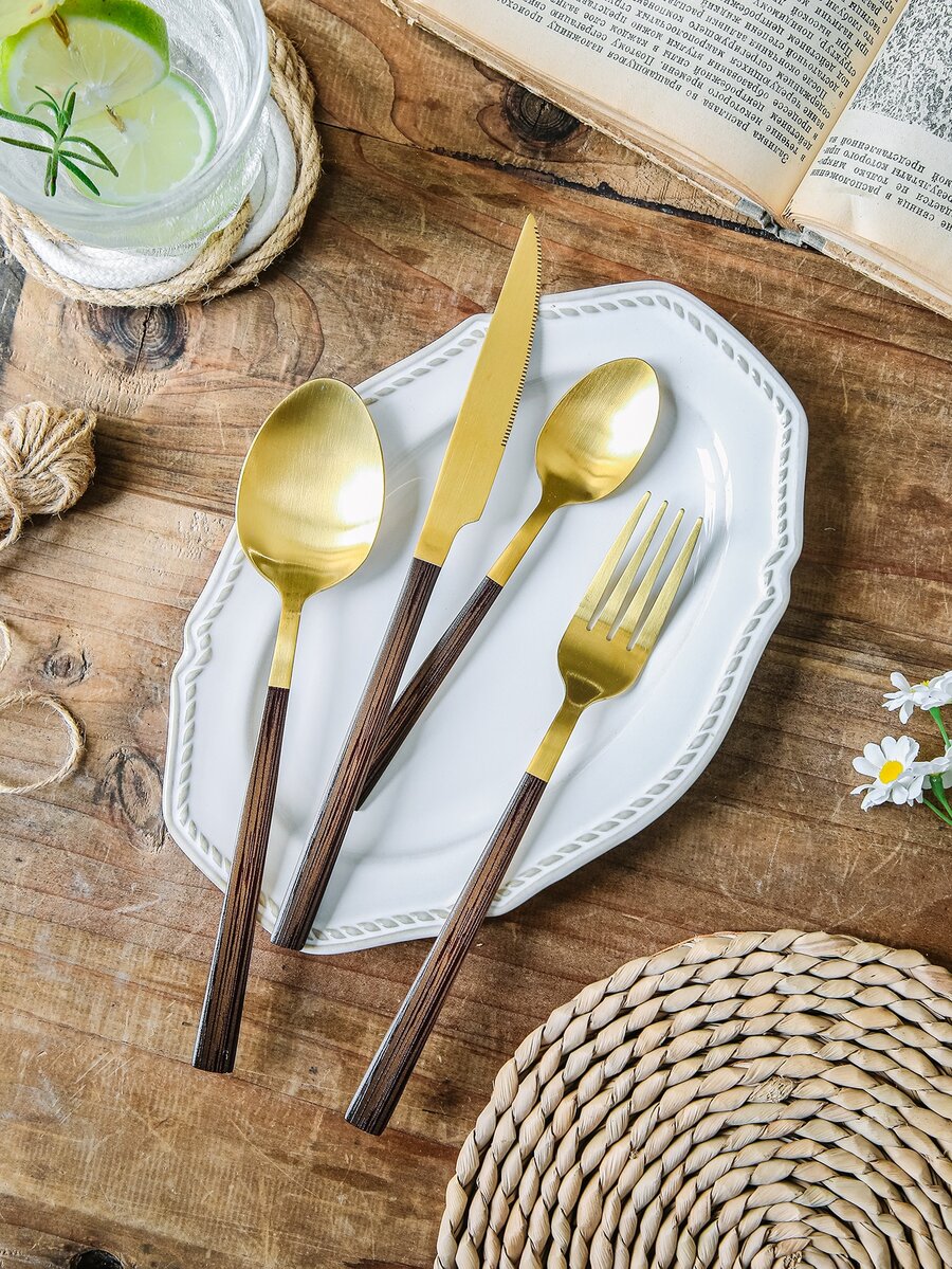 24pcs Wood Grain Cutlery Set - Multicolor - View 1