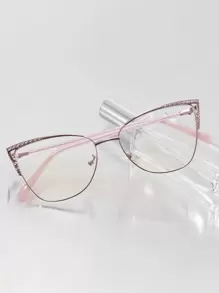 1pc Stainless Steel Cat Eye Rhinestone Hollow Frame, Vintage Spring Feet Fit All Face Shapes, Clear Lens Glasses - Pink - View 2