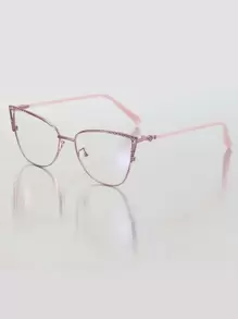 1pc Stainless Steel Cat Eye Rhinestone Hollow Frame, Vintage Spring Feet Fit All Face Shapes, Clear Lens Glasses - Pink - View 4