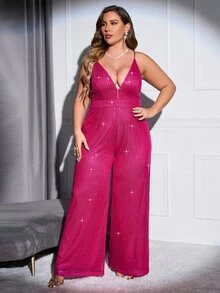 Double Crazy Summer Women's Concert Outfit Spaghetti Strap Plus Size Ladies Sequin Jumpsuit - Hot Pink - View 4