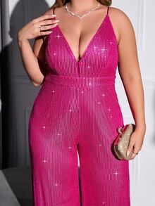 Double Crazy Summer Women's Concert Outfit Spaghetti Strap Plus Size Ladies Sequin Jumpsuit - Hot Pink - View 6