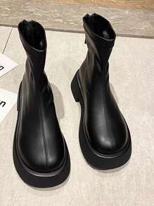 Zip Back Chunky Heeled Combat Boots - Black - View 5