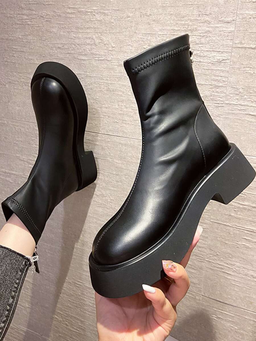 Zip Back Chunky Heeled Combat Boots - Black - View 1