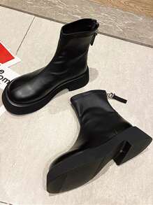 Zip Back Chunky Heeled Combat Boots - Black - View 2