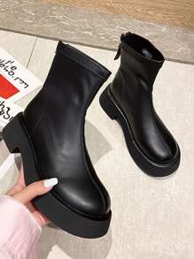 Zip Back Chunky Heeled Combat Boots - Black - View 6