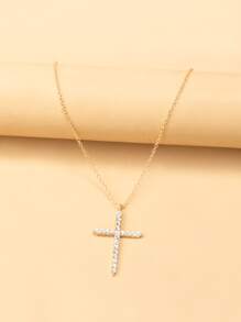 Rhinestone Cross Charm Necklace - Yellow Gold - View 2