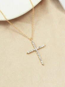 Rhinestone Cross Charm Necklace - Yellow Gold - View 5