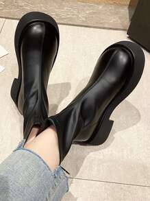 Zip Back Chunky Heeled Combat Boots - Black - View 8