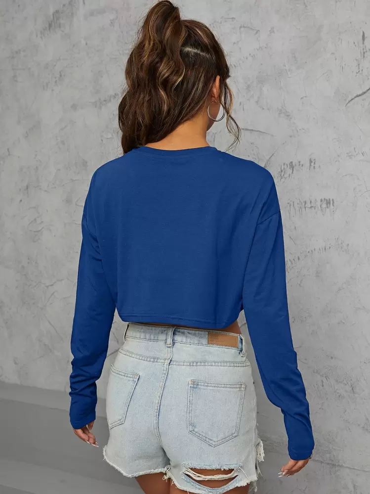 INAWLY Solid Drop Shoulder Crop Tee - Blue - View 2